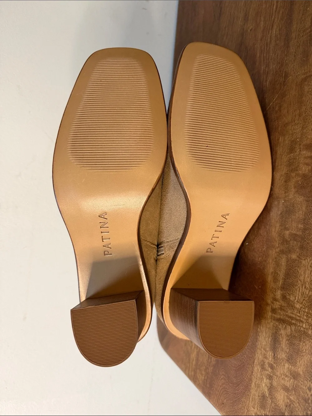 Patina Suede Tan Ankle Booties with Stacked Heel 10.5